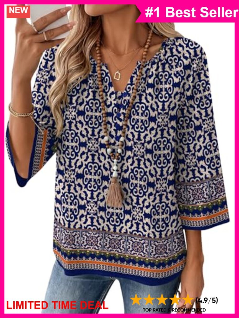 Womens 3/4 Sleeve V Neck Linen Blend Button Down Boho Blouse